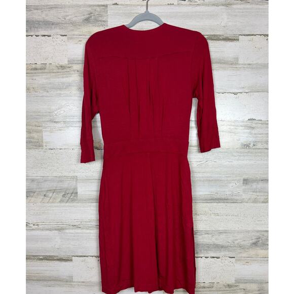 Trina Turk womens 4 Red V Neck Wrap Pleated 3/4 Sleeve Ruched Sheath midi Dress - Picture 2 of 6